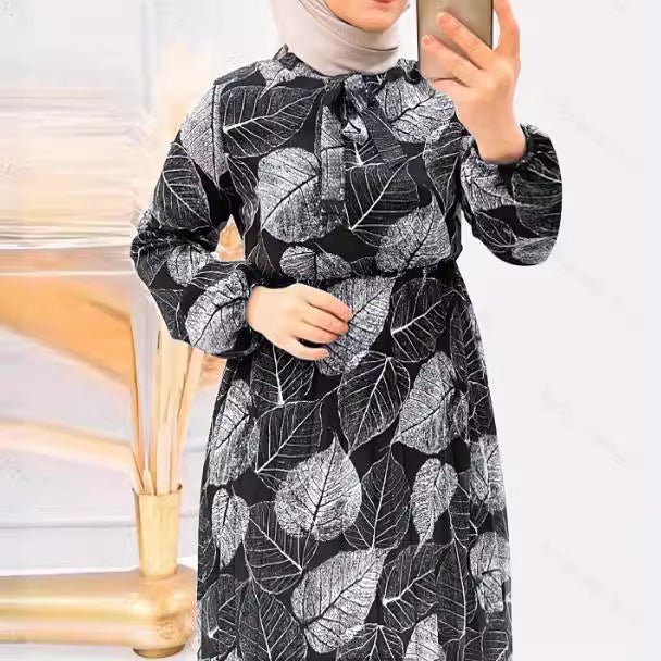 Leaf Print Chiffon Dress with Pleated Skirt(MA405) - Mariam's Collection