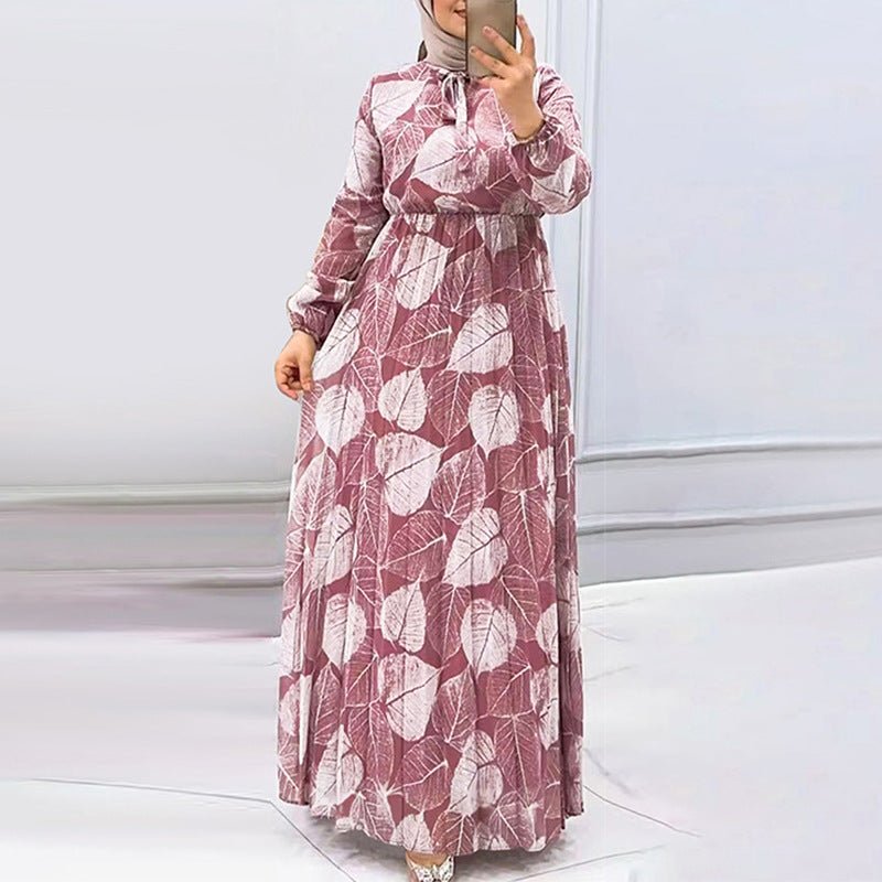 Leaf Print Chiffon Dress with Pleated Skirt