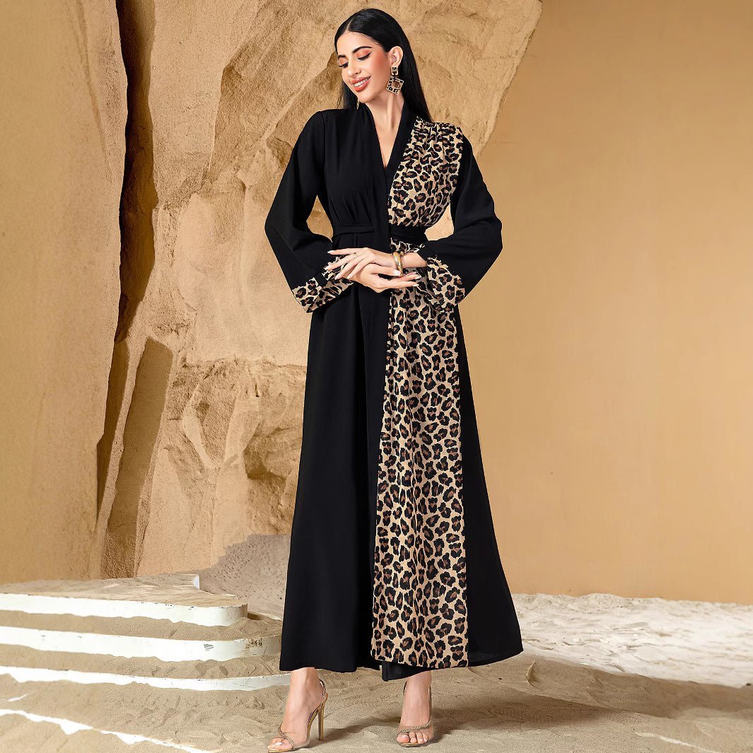 Leopard Print Colorblock Abaya | Deep V - Neck Belted Maxi Dress(MS213) - Mariam's Collection