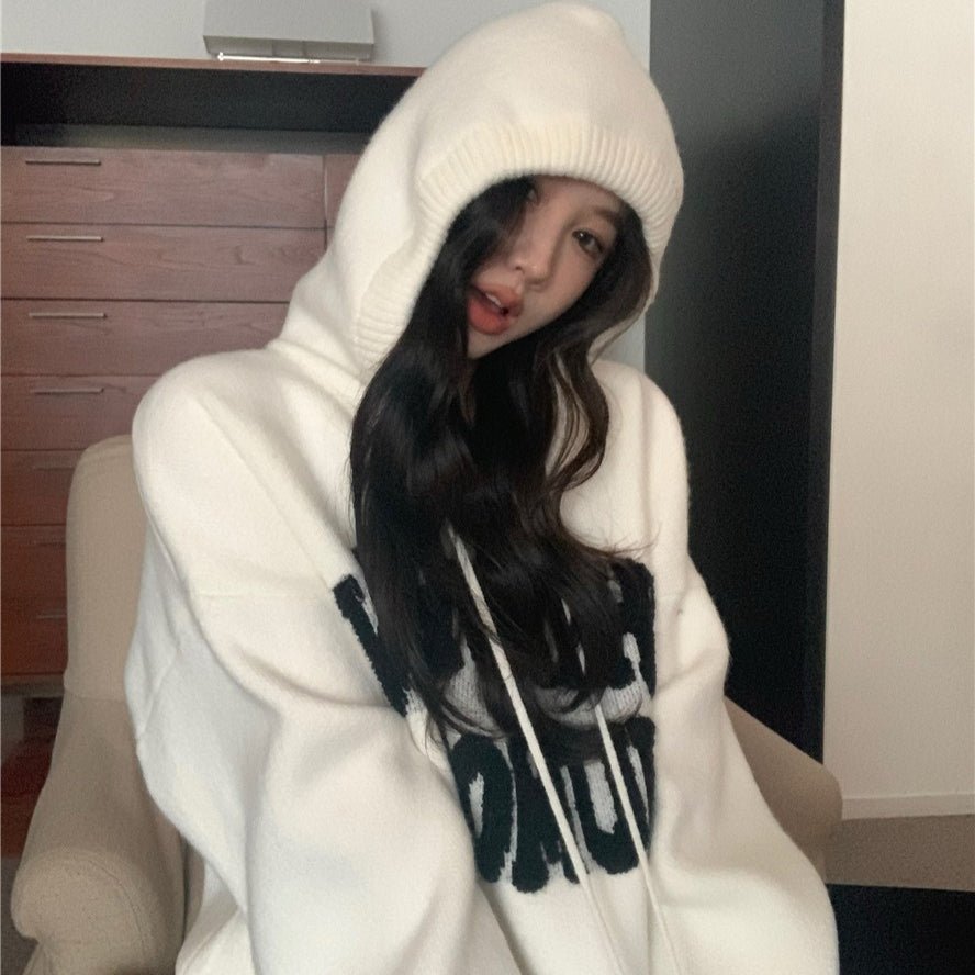 Letter Print Knit Pullover Hooded Sweater Top(MS170) - Mariam's Collection