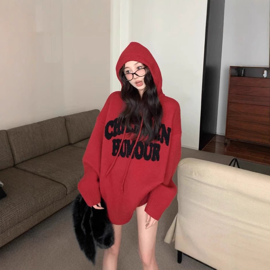 Letter Print Knit Pullover Hooded Sweater Top(MS170) - Mariam's Collection