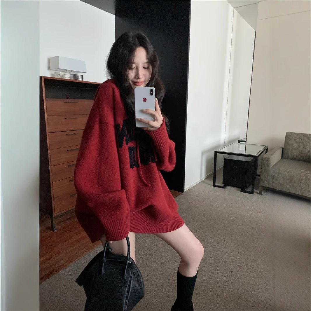 Letter Print Knit Pullover Hooded Sweater Top(MS170) - Mariam's Collection