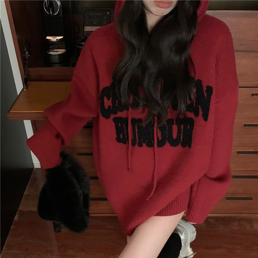 Letter Print Knit Pullover Hooded Sweater Top(MS170) - Mariam's Collection