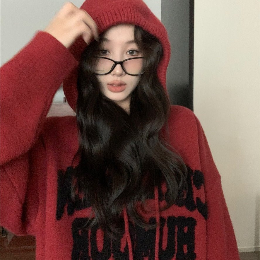 Letter Print Knit Pullover Hooded Sweater Top(MS170) - Mariam's Collection