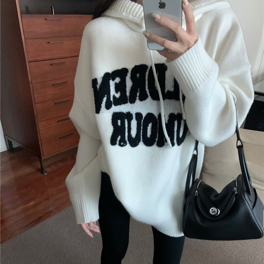 Letter Print Knit Pullover Hooded Sweater Top(MS170) - Mariam's Collection
