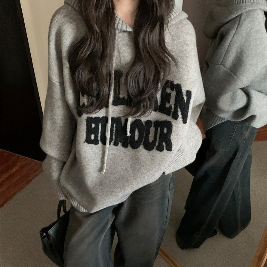 Letter Print Knit Pullover Hooded Sweater Top(MS170) - Mariam's Collection