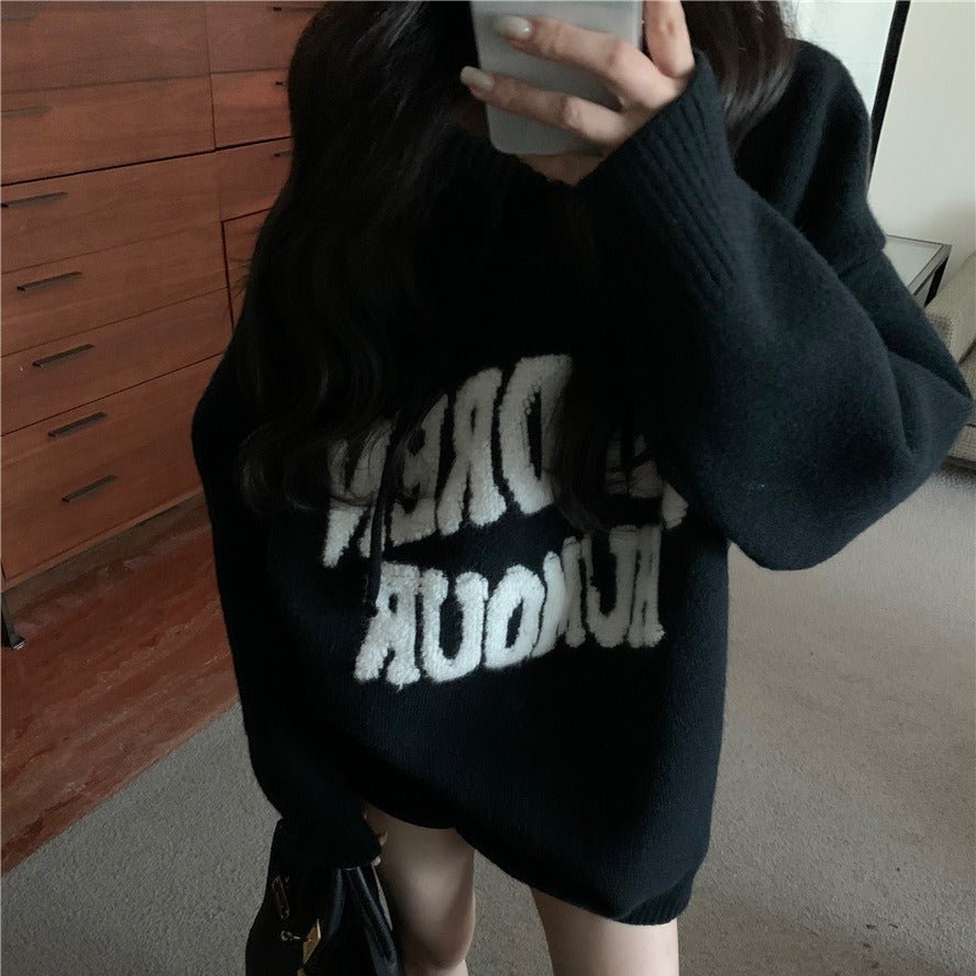 Letter Print Knit Pullover Hooded Sweater Top(MS170) - Mariam's Collection