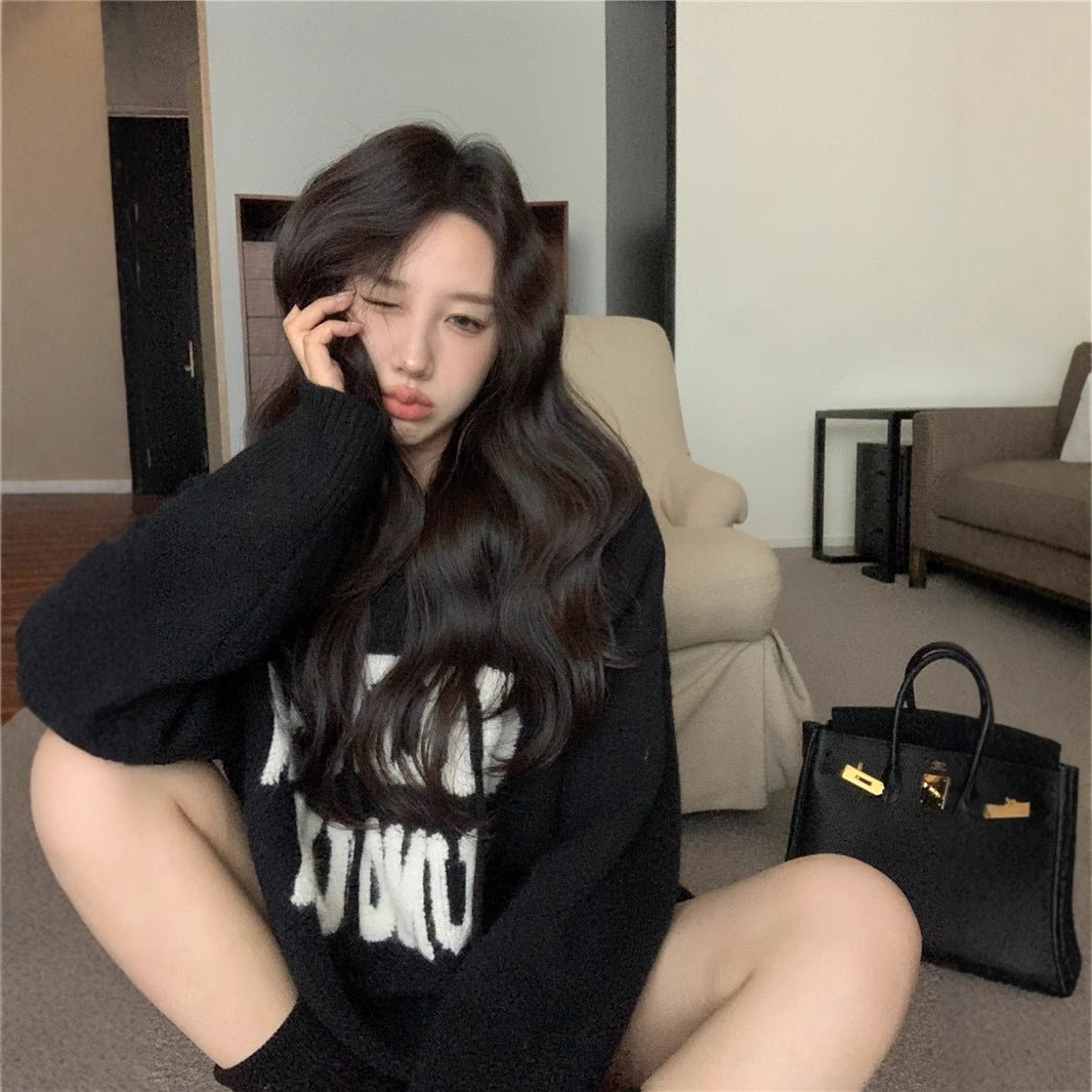 Letter Print Knit Pullover Hooded Sweater Top(MS170) - Mariam's Collection