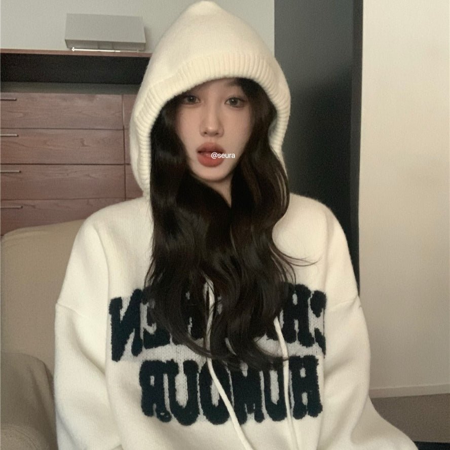 Letter Print Knit Pullover Hooded Sweater Top(MS170) - Mariam's Collection