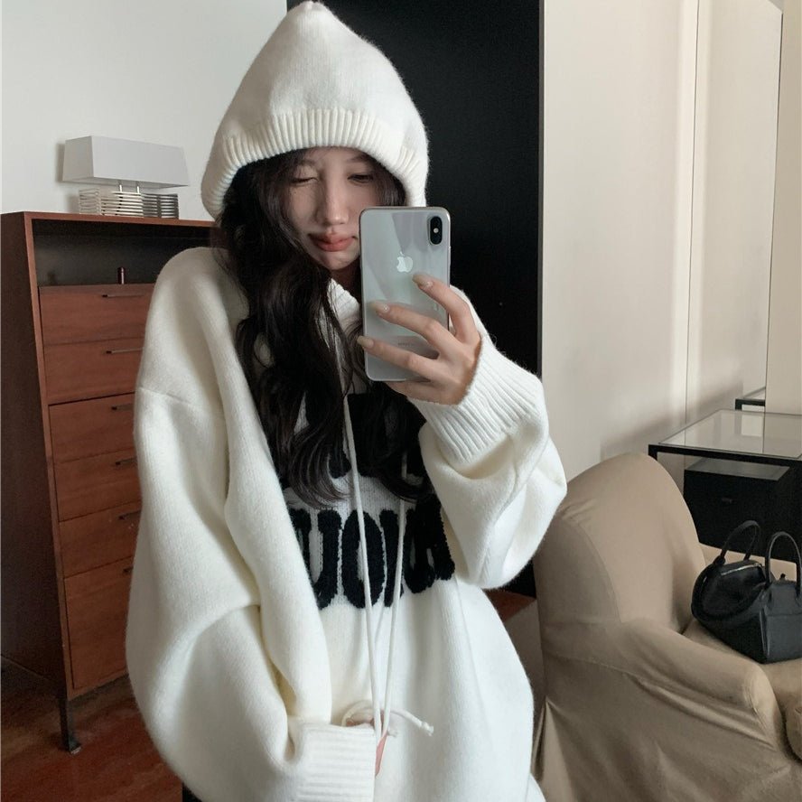 Letter Print Knit Pullover Hooded Sweater Top(MS170) - Mariam's Collection