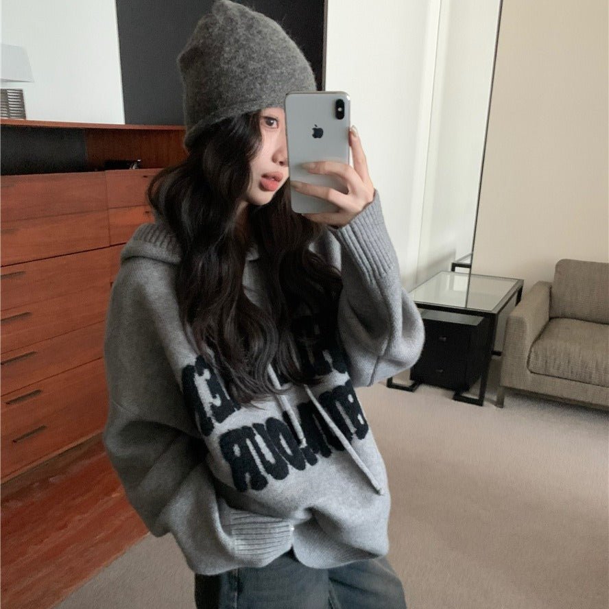 Letter Print Knit Pullover Hooded Sweater Top(MS170) - Mariam's Collection