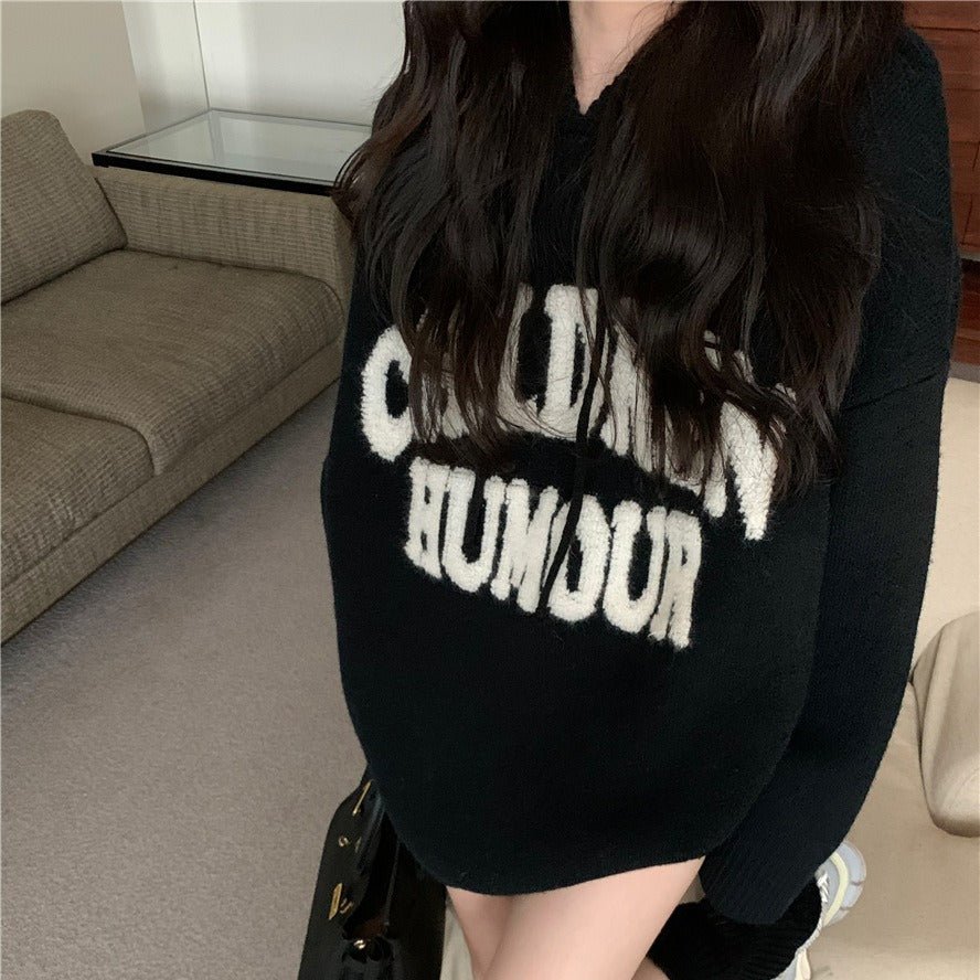 Letter Print Knit Pullover Hooded Sweater Top(MS170) - Mariam's Collection