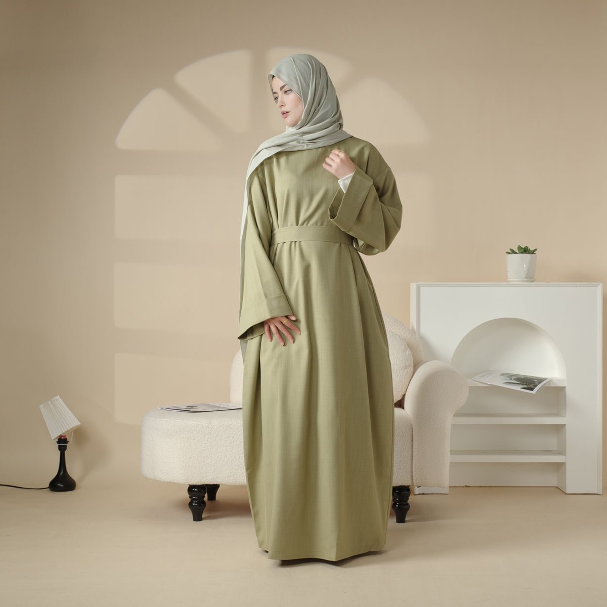 Linen Plain Abaya with Pockets 2 - Piece Set (MA043) - Mariam's Collection