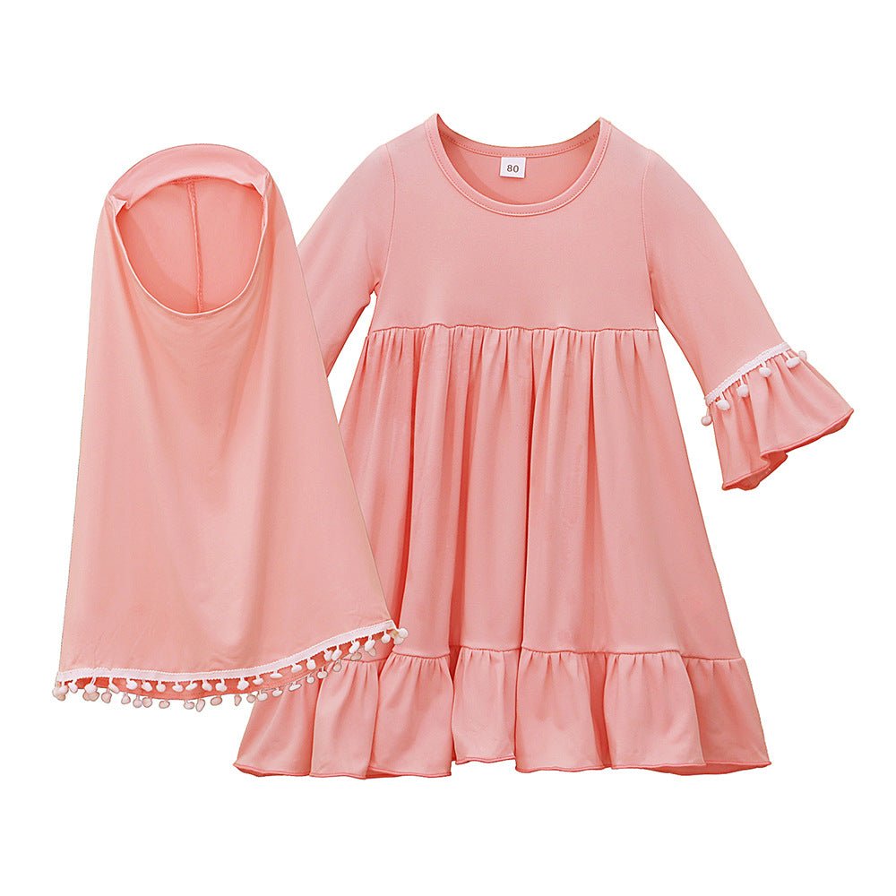 Little Muslimah Girls Dress & Hijab Set with Pom - Pom Trim (MKG028) - Mariam's Collection