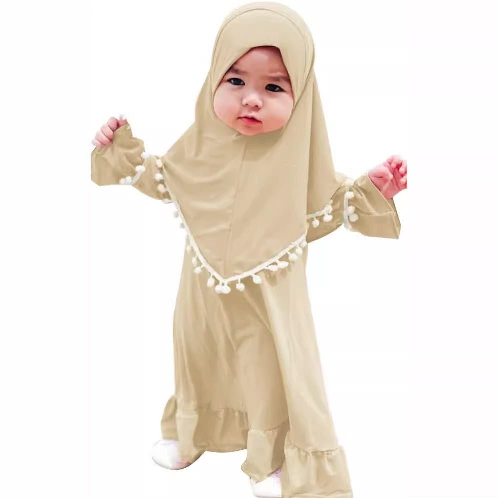 Little Muslimah Girls Dress & Hijab Set with Pom - Pom Trim (MKG028) - Mariam's Collection