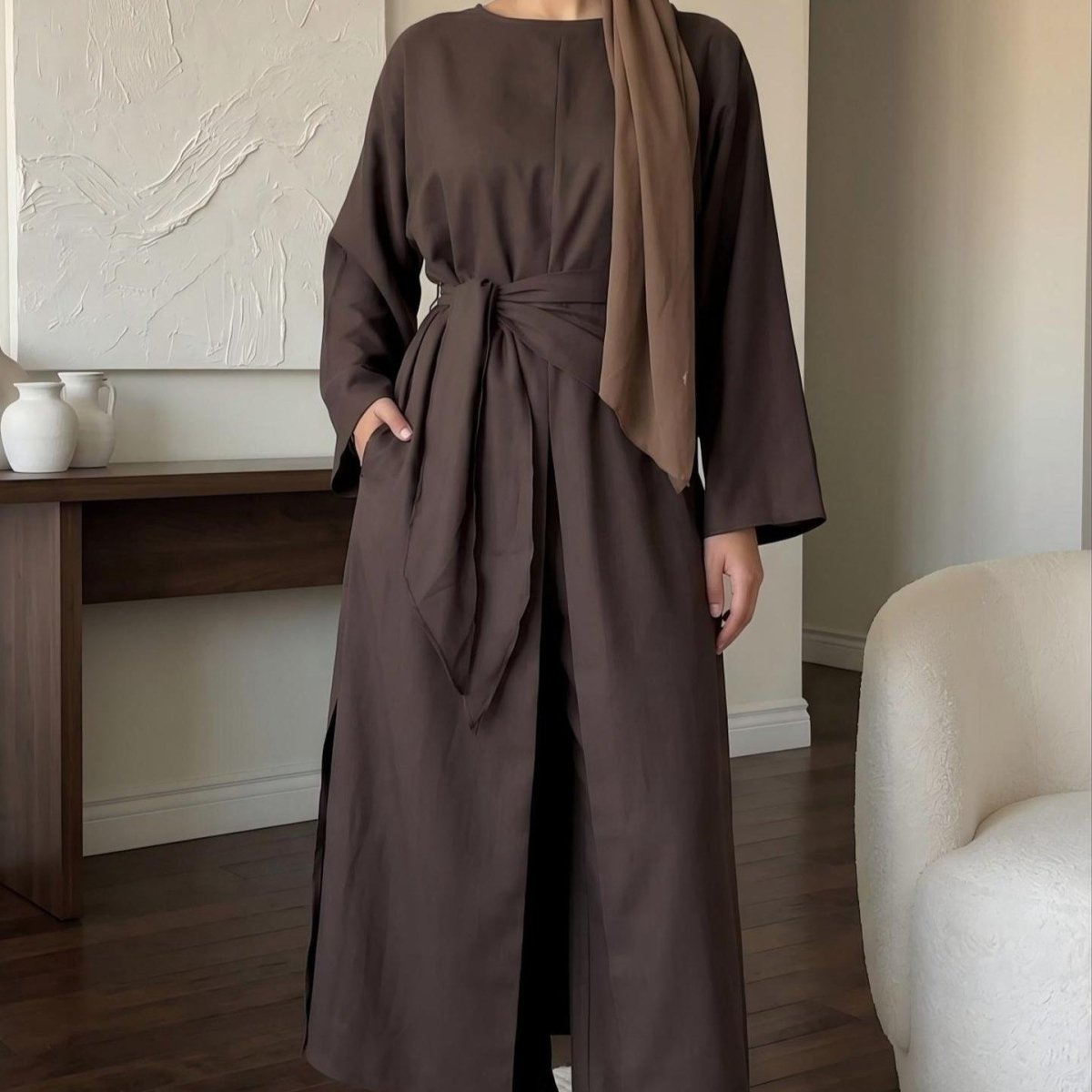 Long-Line Top, Wide-Leg Trousers & Triangle Scarf Three-Piece Co-ord Set(MS484) - Mariam's Collection