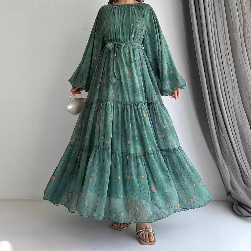 Long Sleeve Belted Chiffon Dress | Elegant Boho Peasant Gown(MA380) - Mariam's Collection