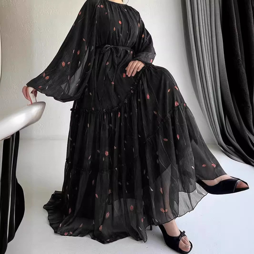 Long Sleeve Belted Chiffon Dress | Elegant Boho Peasant Gown(MA380) - Mariam's Collection