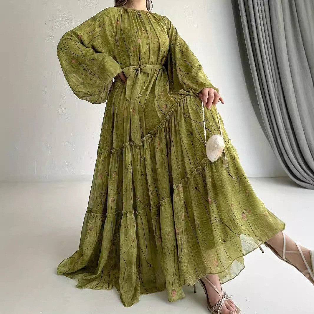 Long Sleeve Belted Chiffon Dress | Elegant Boho Peasant Gown(MA380) - Mariam's Collection