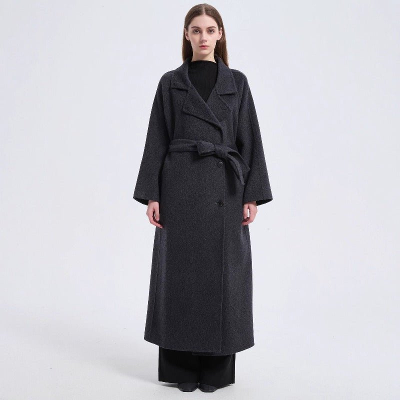 Long Wool Blend Trench Coat Abaya | Double - Breasted Belted Overcoat(MS188) - Mariam's Collection