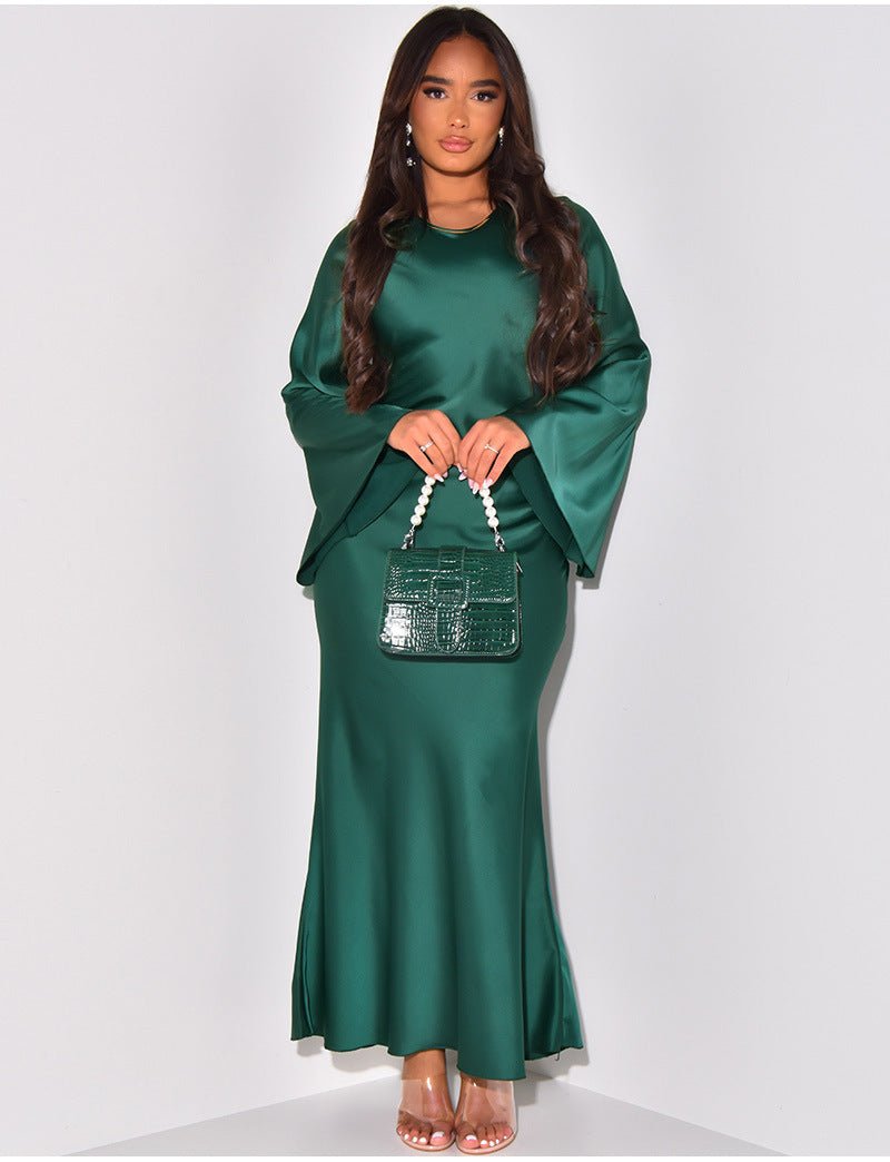 Loose Fit Long Sleeve Watercolor Print Satin Abaya Dress Maxi Robe with Adjustable Waist Tie. (MA231) - Mariam's Collection