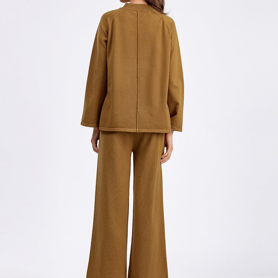 Loose Fit Solid Color Knit Two - Piece Set | Pullover Sweater & Wide Leg Pants with Side Slits(MS143) - Mariam's Collection