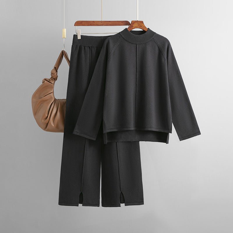 Loose Fit Solid Color Knit Two - Piece Set | Pullover Sweater & Wide Leg Pants with Side Slits(MS143) - Mariam's Collection