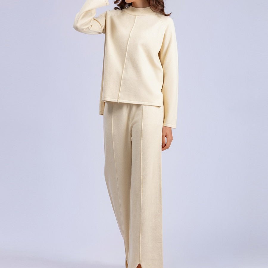 Loose Fit Solid Color Knit Two - Piece Set | Pullover Sweater & Wide Leg Pants with Side Slits(MS143) - Mariam's Collection