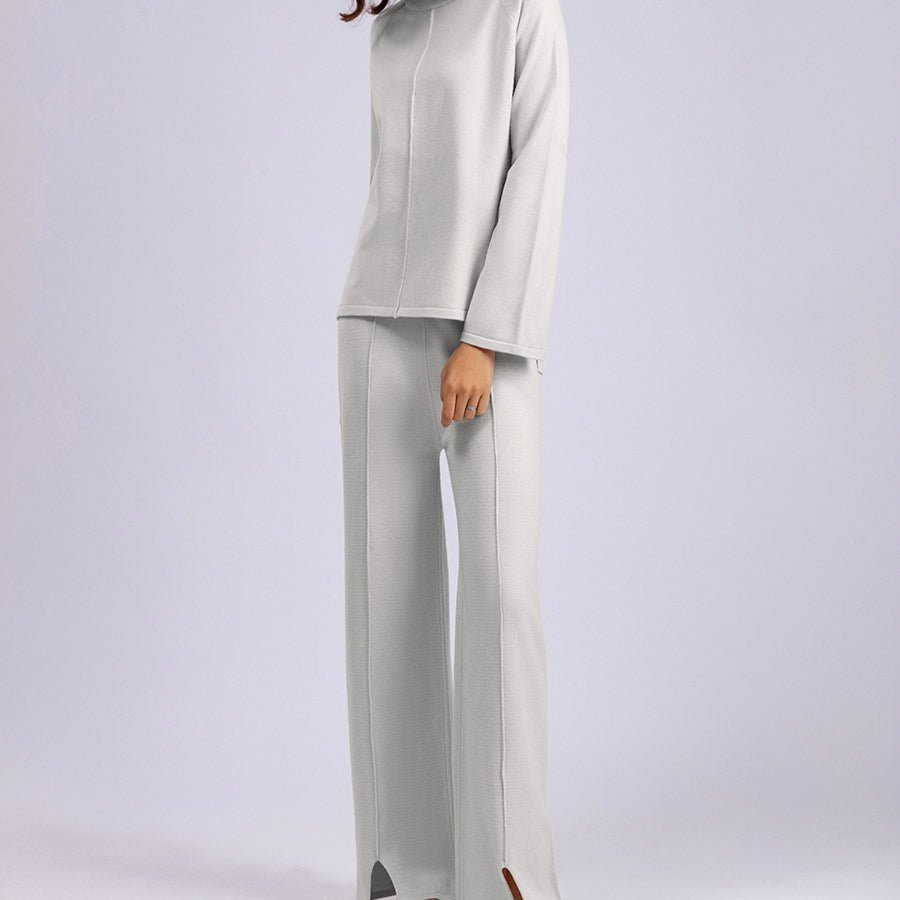 Loose Fit Solid Color Knit Two - Piece Set | Pullover Sweater & Wide Leg Pants with Side Slits(MS143) - Mariam's Collection