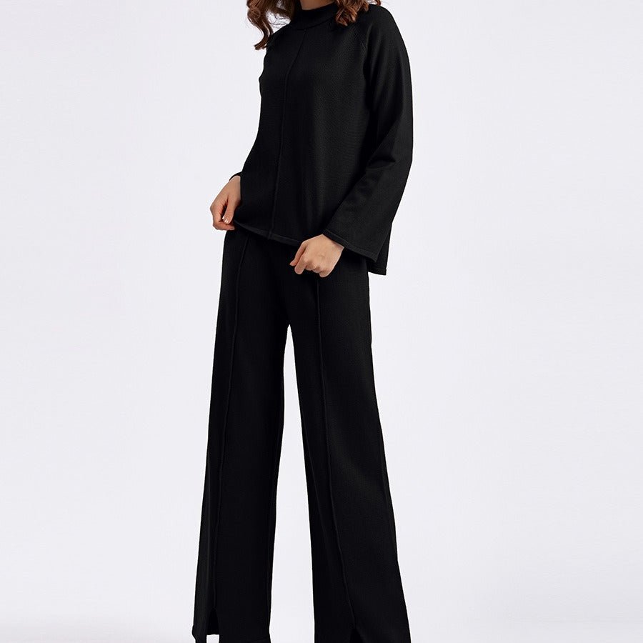 Loose Fit Solid Color Knit Two - Piece Set | Pullover Sweater & Wide Leg Pants with Side Slits(MS143) - Mariam's Collection