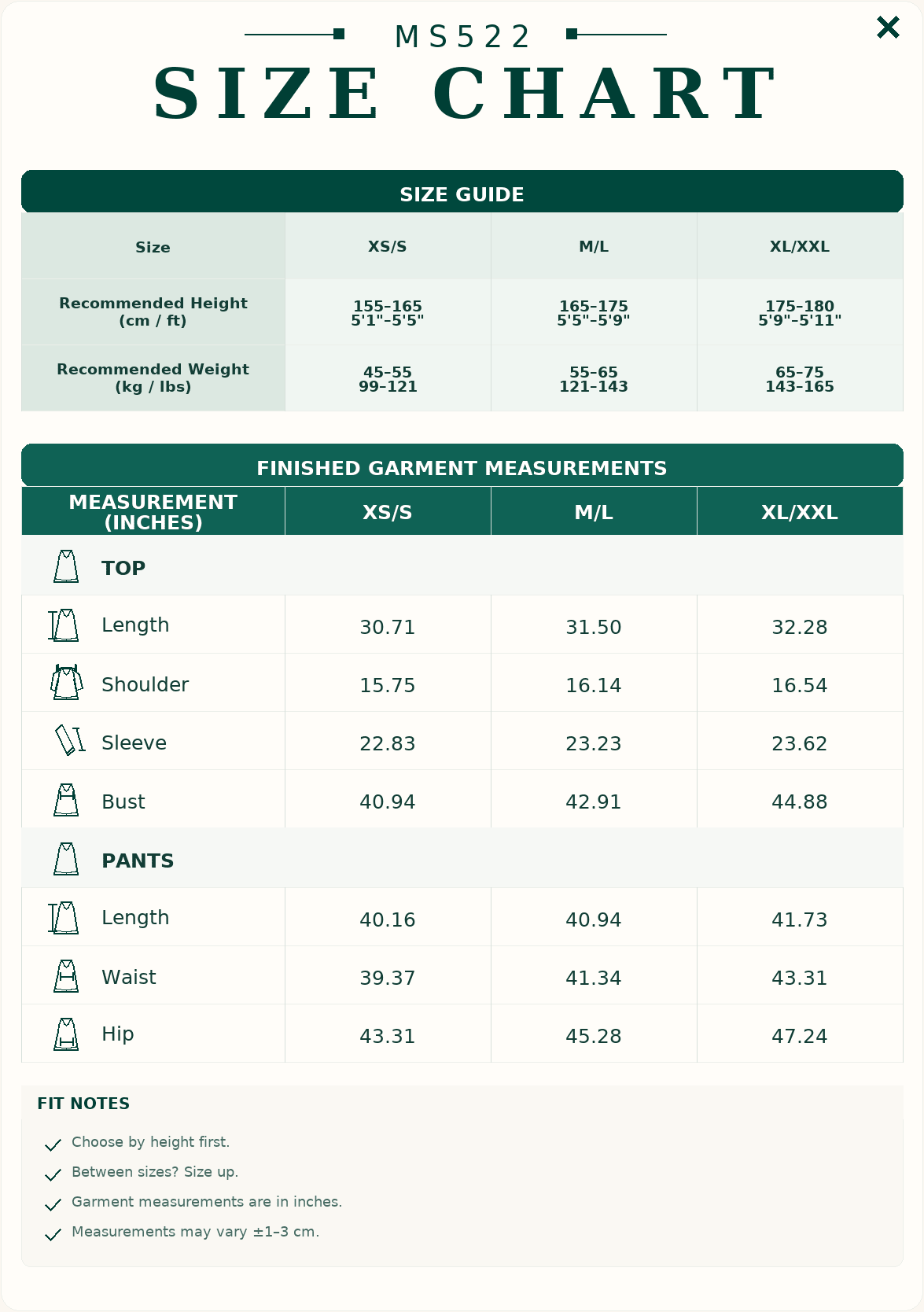 Size and measurement guide for satin two-piece co-ord