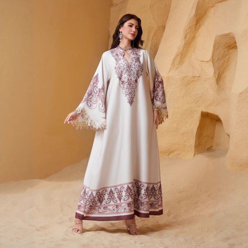 Luxe Embroidered Evening Abaya | Bell Sleeve Maxi Dress with Fringe Detail(MA338) - Mariam's Collection