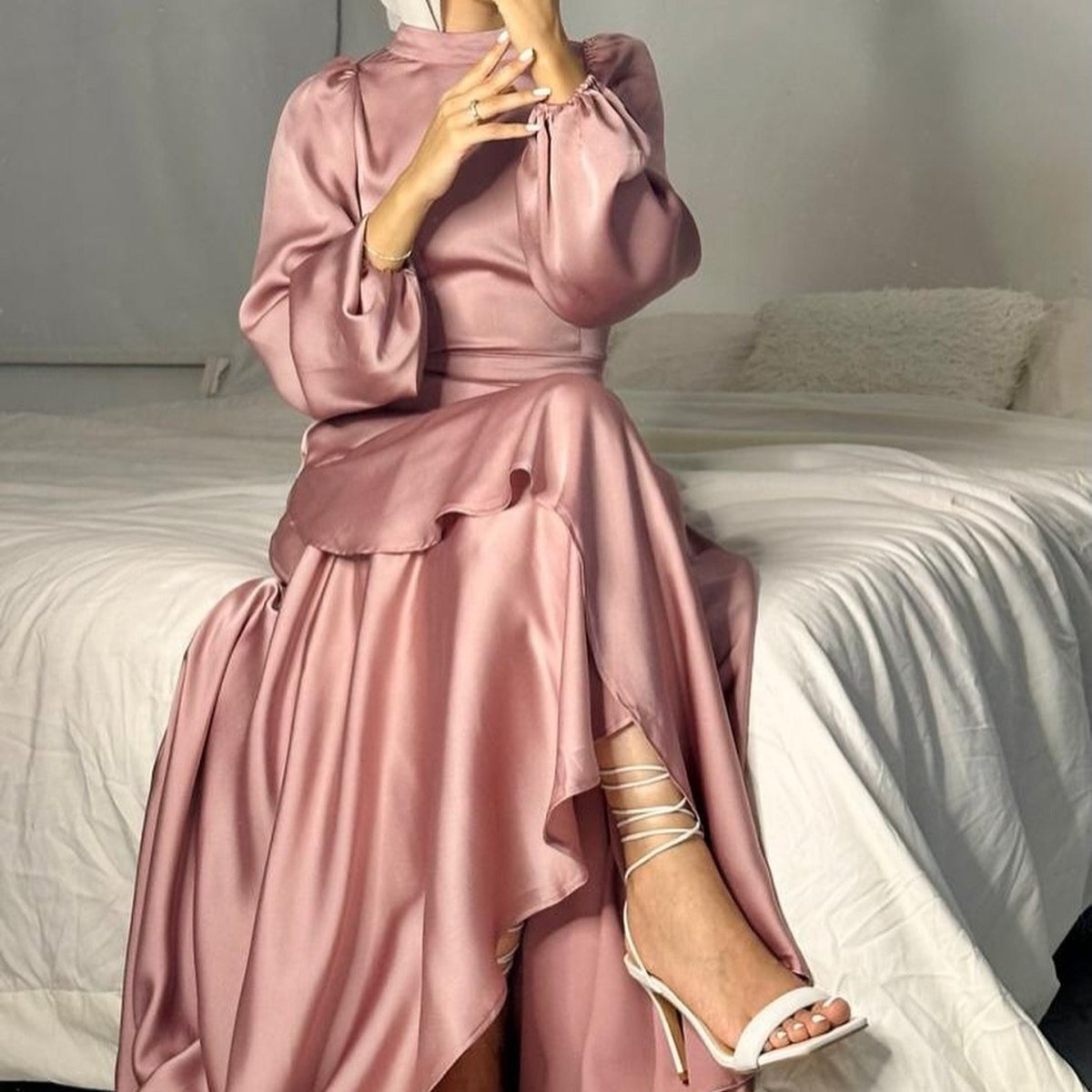 Luxe Satin Ruffle Hem Maxi Dress | Elastic Cuff Belted Abaya(MS187) - Mariam's Collection