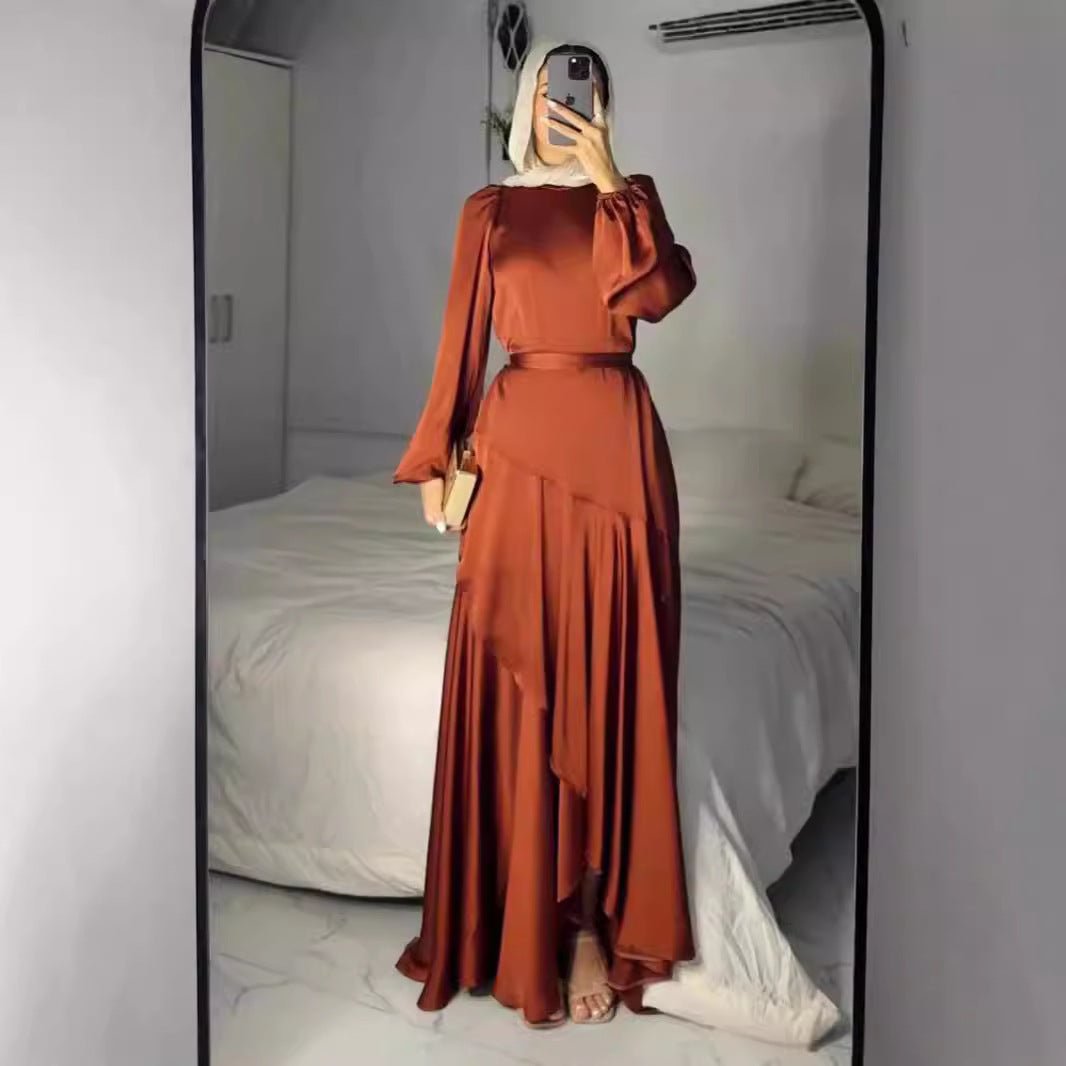 Luxe Satin Ruffle Hem Maxi Dress | Elastic Cuff Belted Abaya(MS187) - Mariam's Collection