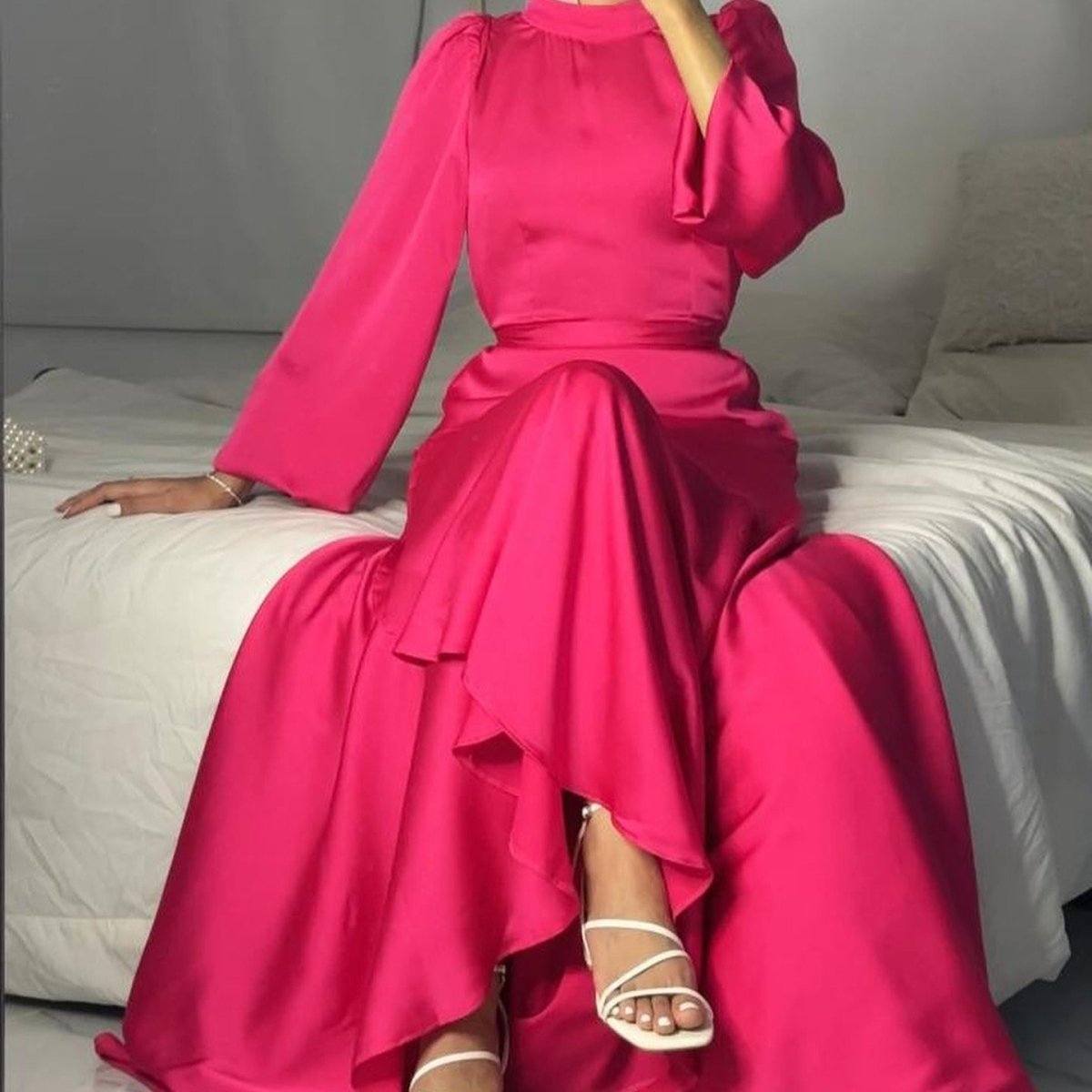 Luxe Satin Ruffle Hem Maxi Dress | Elastic Cuff Belted Abaya(MS187) - Mariam's Collection