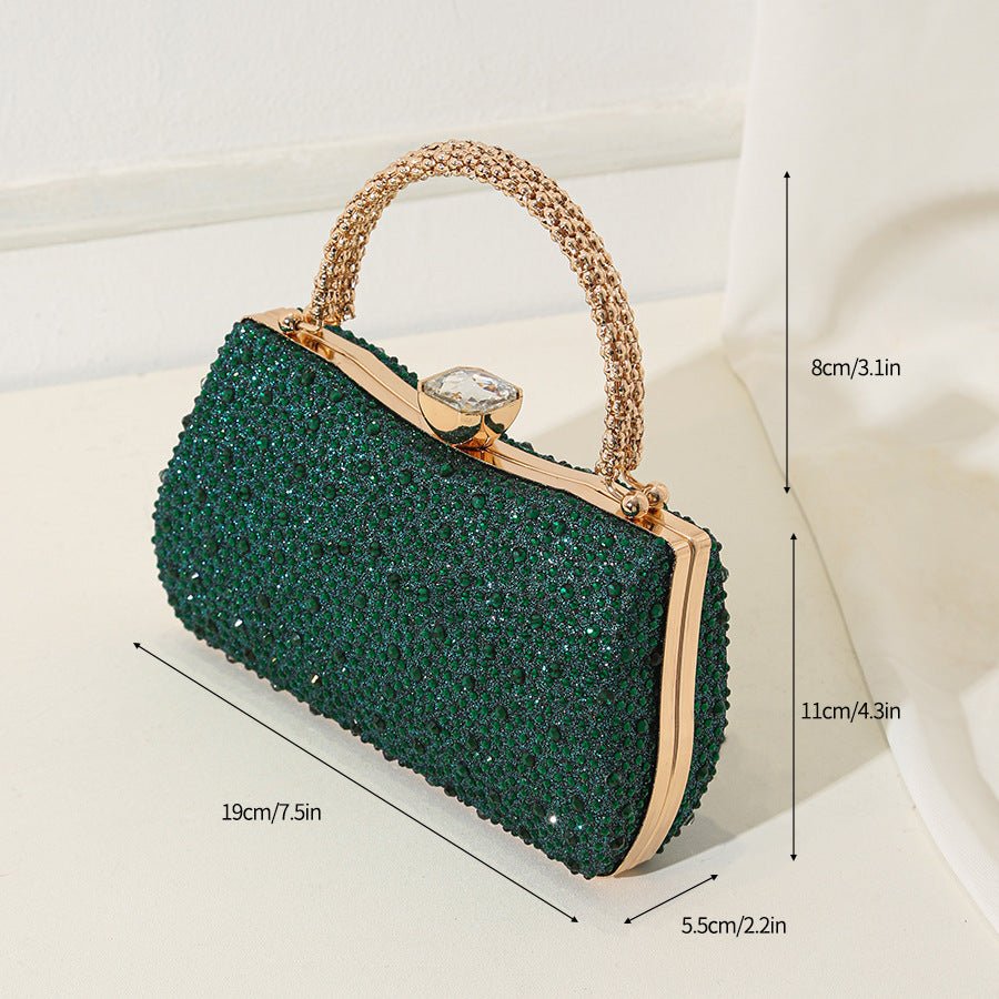 Close-up of double-sided crystal rhinestone embellishments on evening clutch