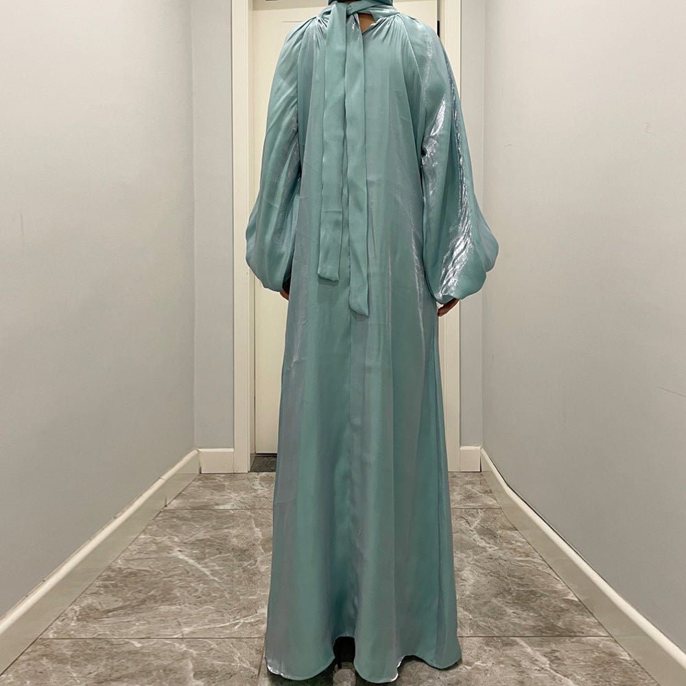 Luxurious Shimmer Abaya with Lantern Sleeves | Stand Collar Back Tie Maxi Dress(MA324) - Mariam's Collection