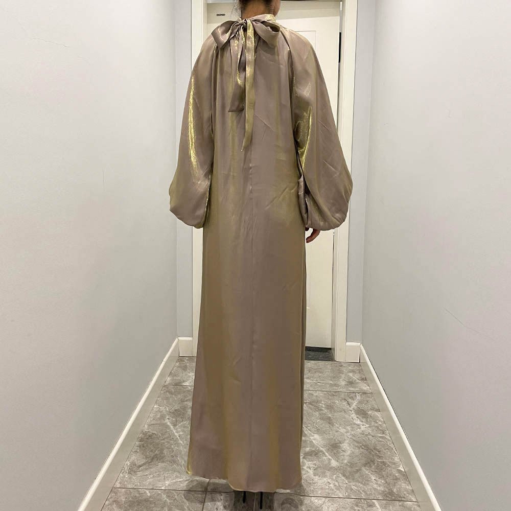 Luxurious Shimmer Abaya with Lantern Sleeves | Stand Collar Back Tie Maxi Dress(MA324) - Mariam's Collection