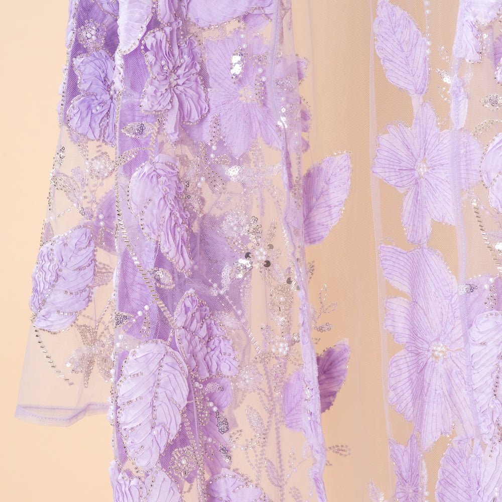 Luxury 3D Floral Beaded Embroidered Mesh Open Abaya– Lavender Occasion Abaya (MOA304) - Mariam's Collection