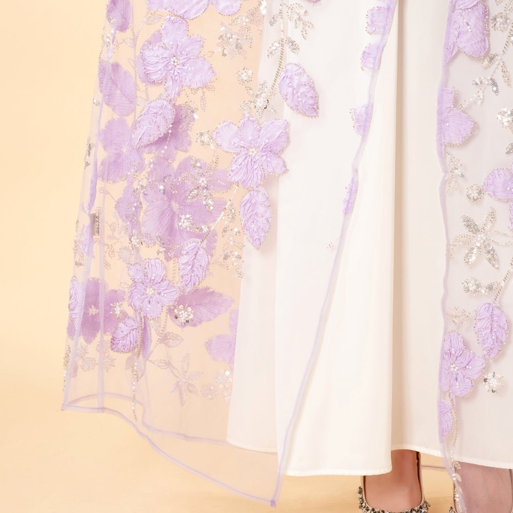 Luxury 3D Floral Beaded Embroidered Mesh Open Abaya– Lavender Occasion Abaya (MOA304) - Mariam's Collection