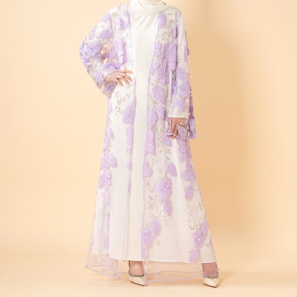 Luxury 3D Floral Beaded Embroidered Mesh Open Abaya– Lavender Occasion Abaya (MOA304) - Mariam's Collection