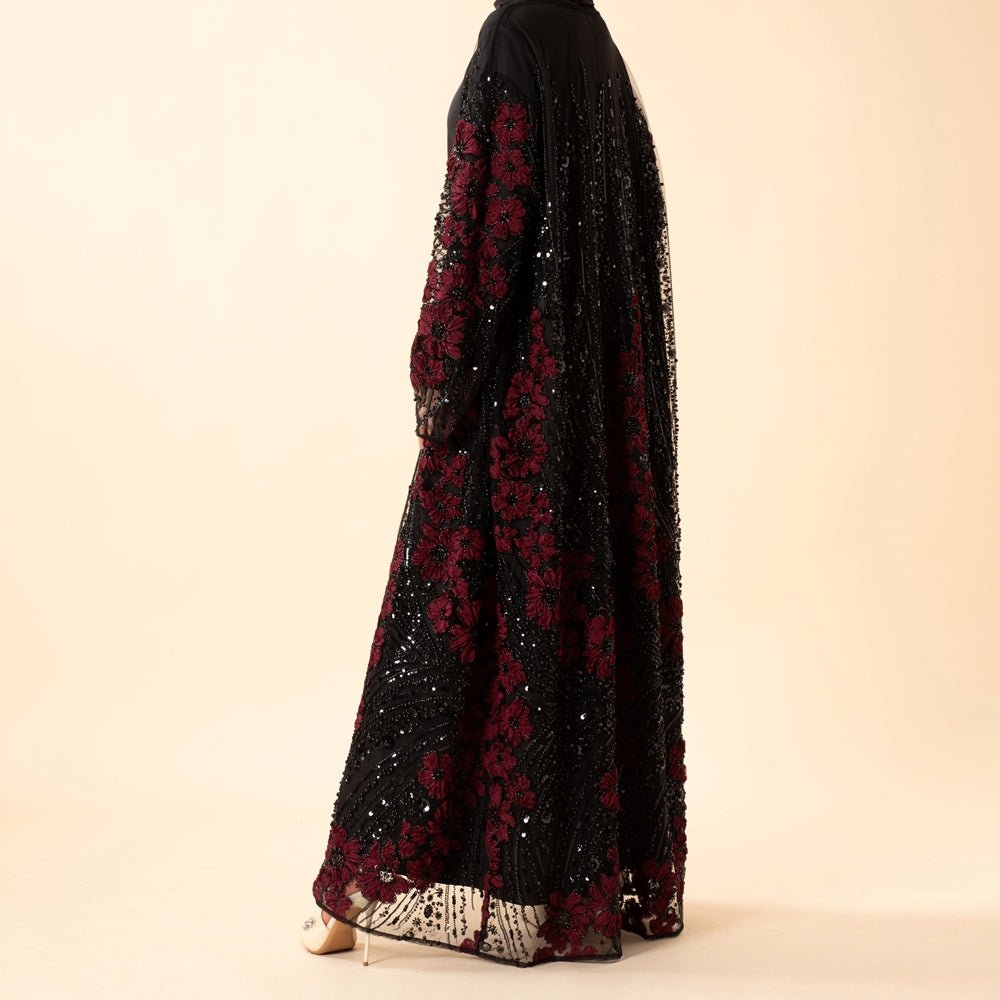 Luxury 3D Floral Beaded Sequin Embroidered Open Abaya for Eid & Wedding (MOA307) - Mariam's Collection