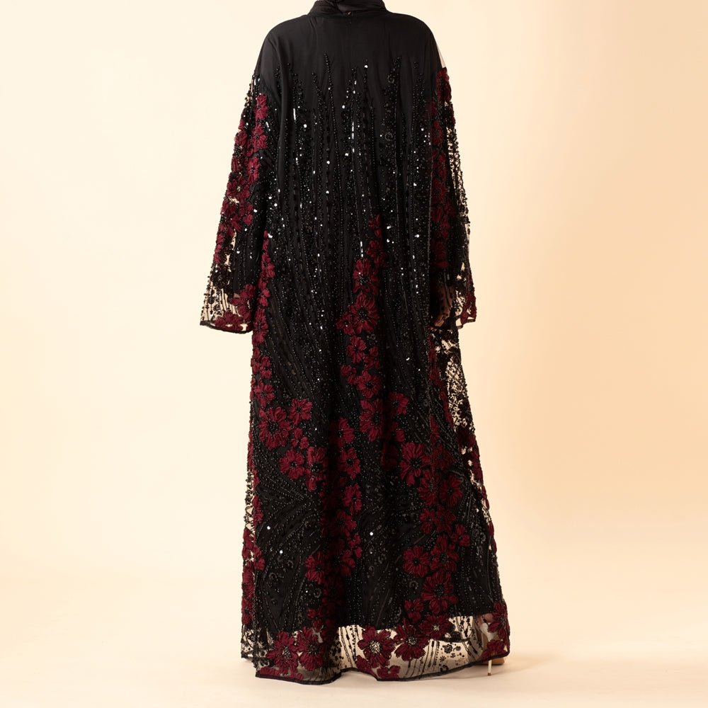 Luxury 3D Floral Beaded Sequin Embroidered Open Abaya for Eid & Wedding (MOA307) - Mariam's Collection