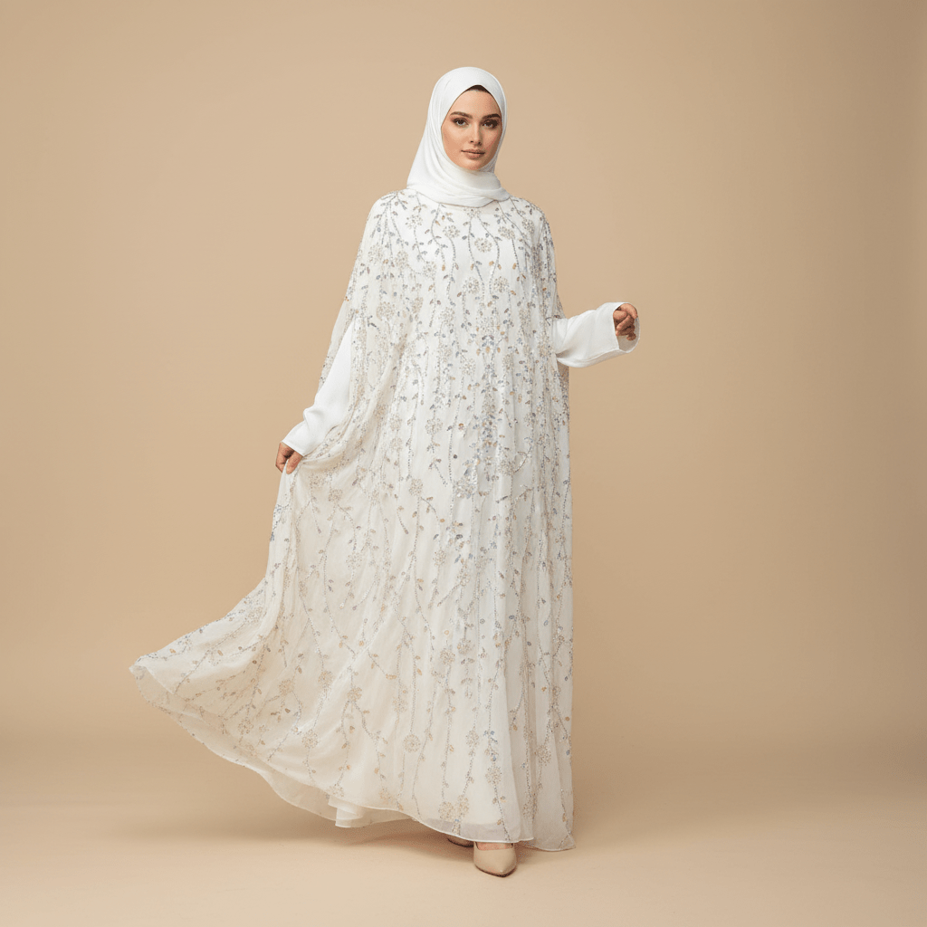 Luxury Crystal Embellished Cape Abaya Set with Modal Long - Sleeve Inner Dress (MA390) - Mariam's Collection
