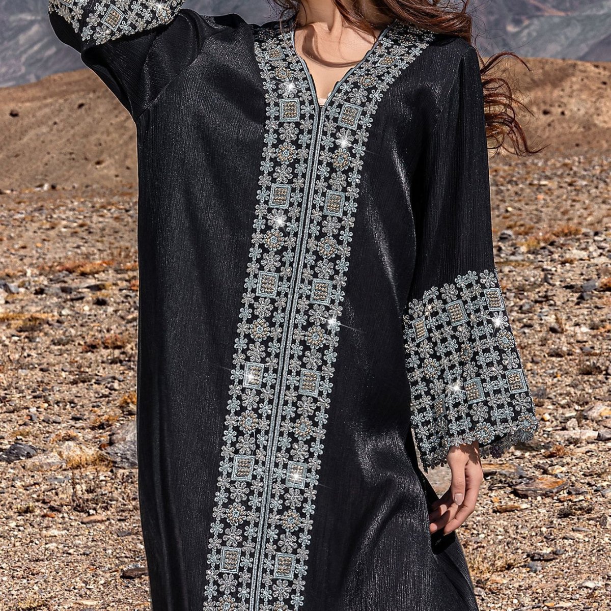 Luxury Crystal & Pearl Embellished Abaya | V - Neck Nida Crepe Maxi Dress(MA343) - Mariam's Collection