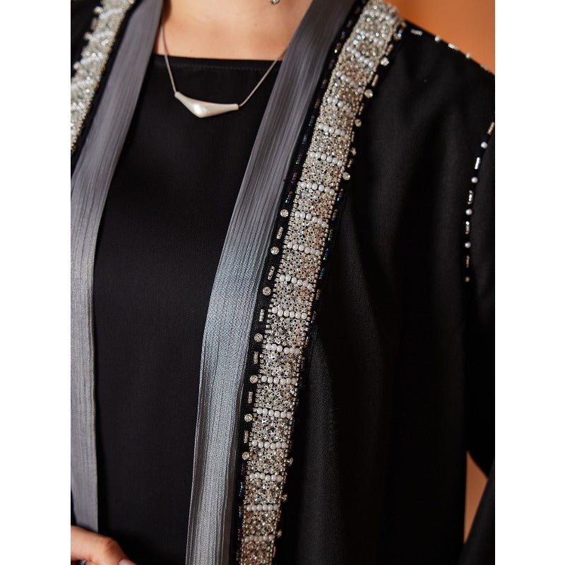 Luxury Embroidered Rhinestone Abaya | Open Front with Contrast Trim & Split Cuffs(MOA235) - Mariam's Collection