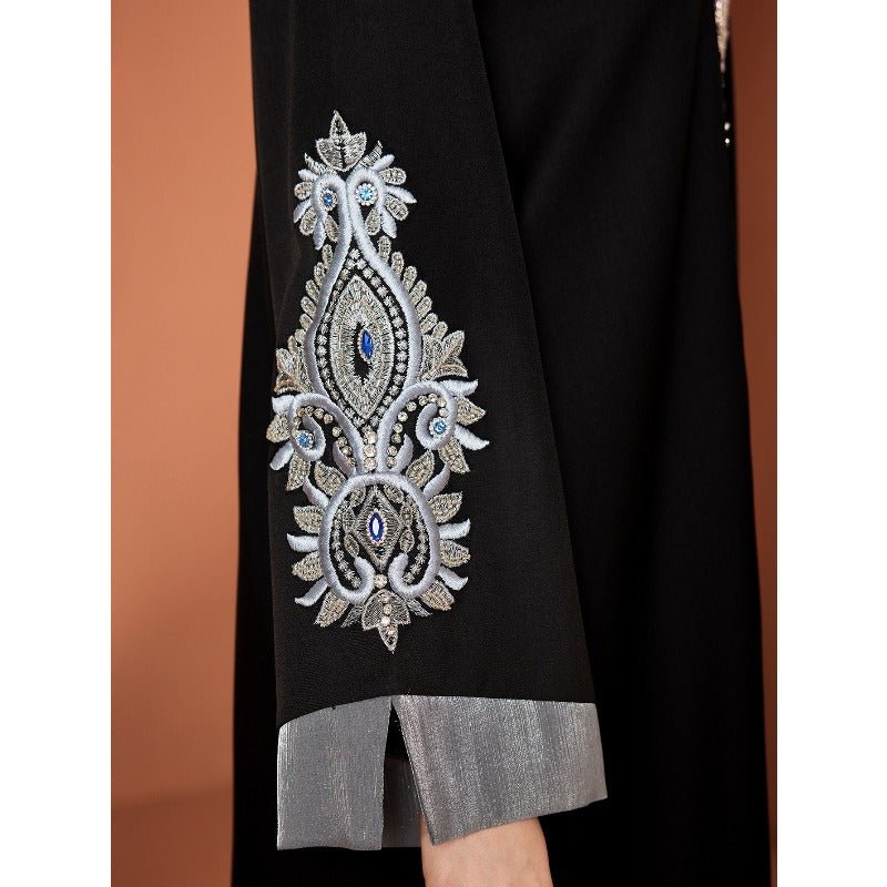 Luxury Embroidered Rhinestone Abaya | Open Front with Contrast Trim & Split Cuffs(MOA235) - Mariam's Collection