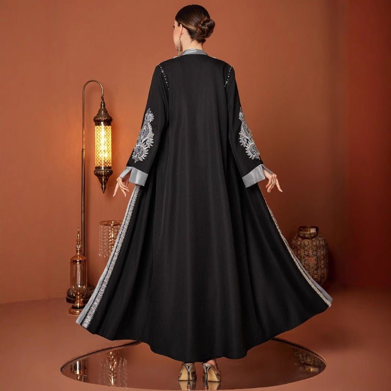 Luxury Embroidered Rhinestone Abaya | Open Front with Contrast Trim & Split Cuffs(MOA235) - Mariam's Collection