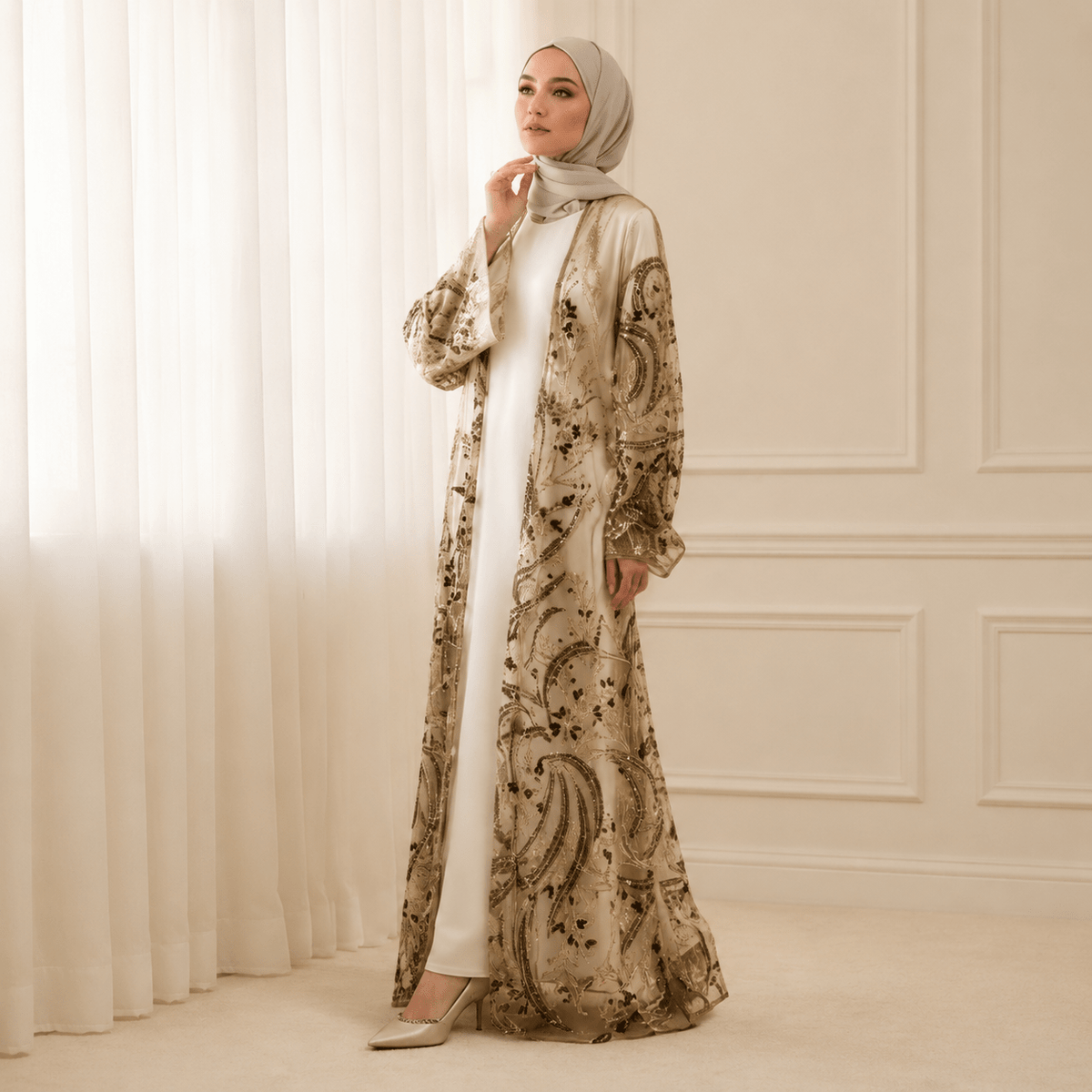 Side drape detail of lightweight layered sequin abaya