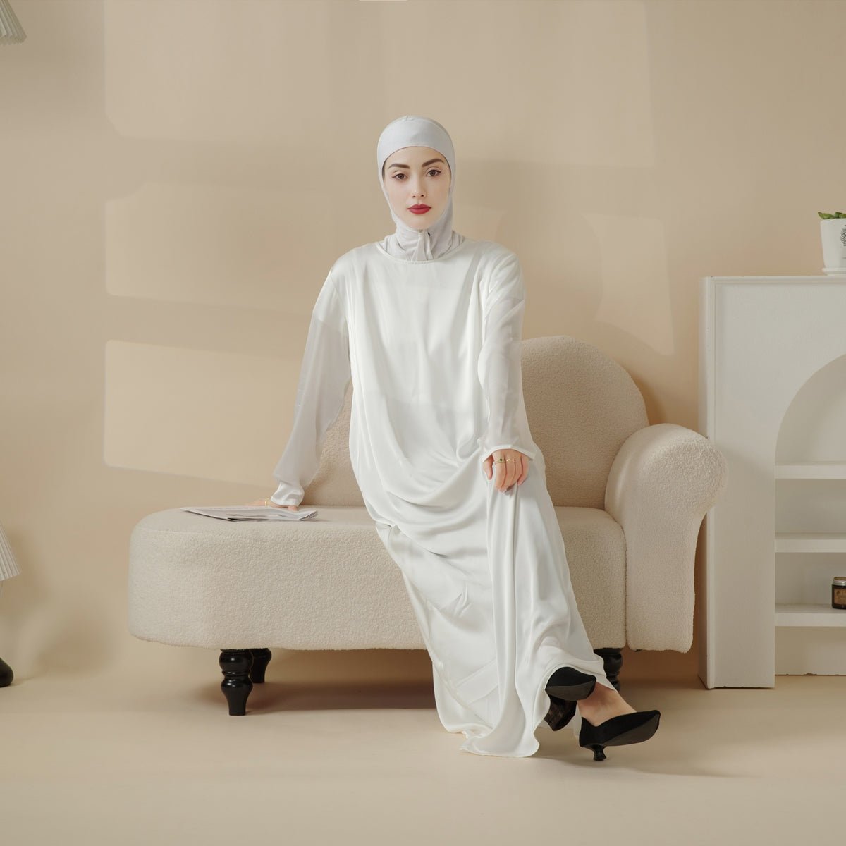 Hand-embroidered modest outerwear with full floral embroidery coverage
